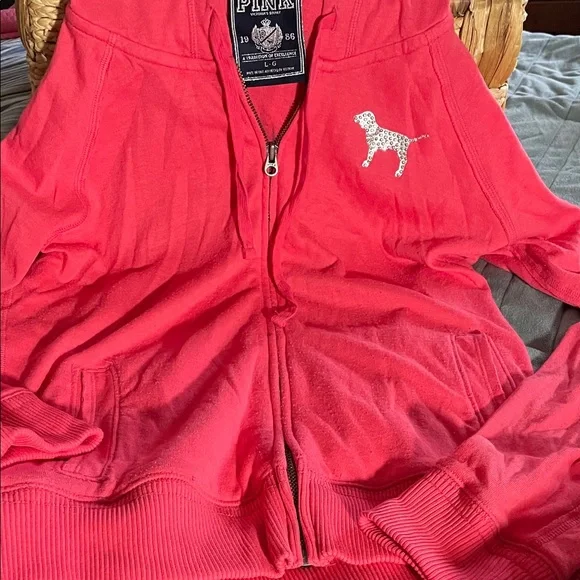 PINK Zip up Lg Hoodie and Pants w/Colorful Peace Sign’ gently used’